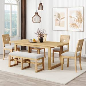 Modern 6-Piece Natural and Beige Rectangle Wood Top Dining Set 18 in. Butterfly Leaf, 4- Upholstered Chairs and Bench