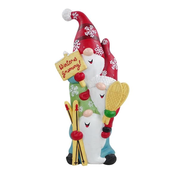 Alpine Corporation Christmas Winter Home Stacked Gnome Ski Statue w/Color Changing LED-LG