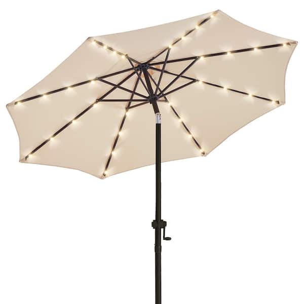 PASAMIC 11 ft. Aluminum Outdoor Market Patio Umbrella, 32 LED Lights, Crank and Tilt in Beige