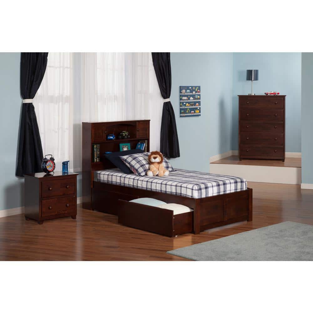Newport Twin Walnut Platform Bed with Storage Drawers and Bookcase Headboard