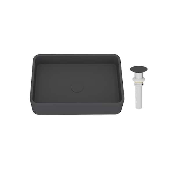 19.7 in. L x 12.8 in. W Vessel Concrete Bathroom Sink in Black Earth with Matching Drain