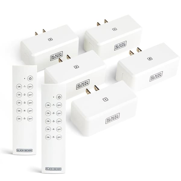 1 Amp to 15 Amp Plug-In Indoor Wireless Remote Control System with 5 Smart Adapters Grounded and 2 Remotes, White