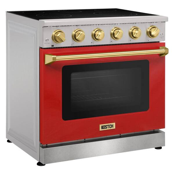 36 in. 5 Elements Freestanding Electric Range with 6.0 cu. ft. True Convection Oven in Red with Bronze Handles