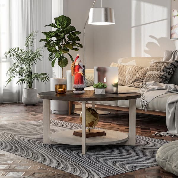 FUIN Rustic Farmhouse 32 in. Brown&White Round Wood Coffee Table with Distressed Wood Top