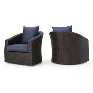 Darius Swivel Mixed Brown Faux Rattan Outdoor Club Lounge Chair with Navy Blue Cushion (2-Pack)