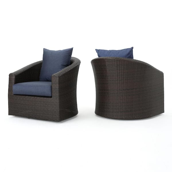 Darius Swivel Mixed Brown Faux Rattan Outdoor Patio Club Lounge Chair with Navy Blue Cushion (2-Pack)