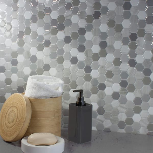 smart tiles Hexagone Travertino Approximately 3 in. W x 3 in. H Gray Self-Adhesive Decorative Mosaic Wall Tile Backsplash Sample