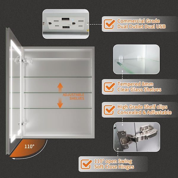 GroGro Glare 24 in. W x 30 in. H Rectangular Aluminum Recessed/Surface Mount Left Open Medicine Cabinet with Mirror LED