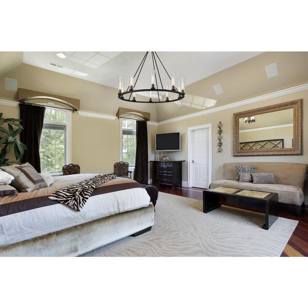 Beau Bronze 10-Light Circular Chandelier with Glass Shades