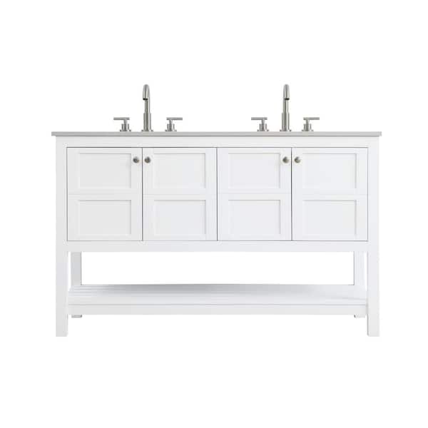 54 in. Double Sink White Bath Vanity with White Engineered Marble Top