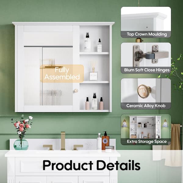ANGELES HOME 42 in. W x 30 in. H Rectangular White Solid Wood Soft Close Bathroom Medicine Cabinet with Mirror, Easy Hang, Assembled