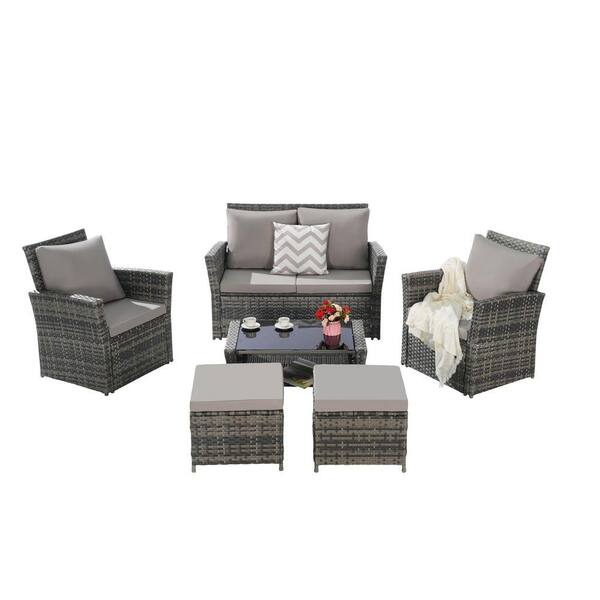 Gray 6-Piece Wicker Patio Outdoor Sectional Set, Conversation Set