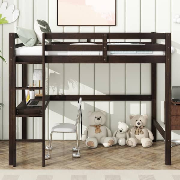 Espresso Brown Twin Size Wood Loft Bed with Safety Guardrail and ladder