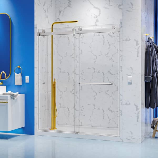 Holcam Luna 56 in. - 58 in. W x 74 in. H Frameless Bypassing Sliding Shower Door in Brushed Nickel