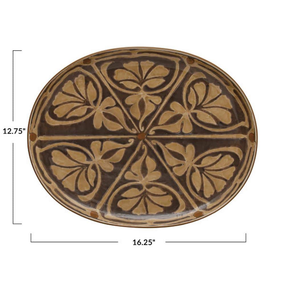 Hand-Painted Ceramic Oval Serving Plates, Brown, Set of 2