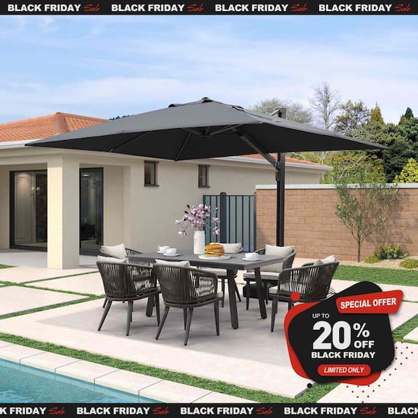 PURPLE LEAF 9 ft. x 12 ft. Large Outdoor Aluminum Cantilever 360-Degree Rotation Patio Umbrella with Base, Gray