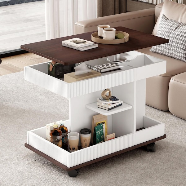 29.5 in. White Rectangle MDF Lift Top End Table, Side Table with 360° Rotating Tabletop Storage & Lockable Caster