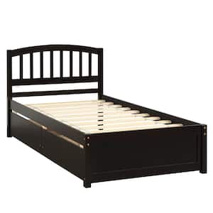 Dark Brown Wood Frame Twin Platform Bed with Two Drawers and Headboard