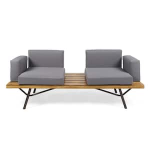 Natural Acacia Wood Outdoor Loveseat with Grey Cushions and Coffee Table