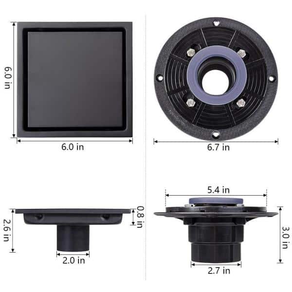 6 in. x 6 in. Stainless Steel Square Shower Drain with Strainer in Matte Black