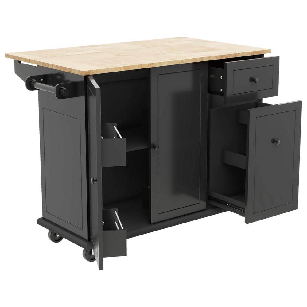 Black Wood 53.94 in. Kitchen Island with Drop Leaf, Spice Rack and Towel Ra