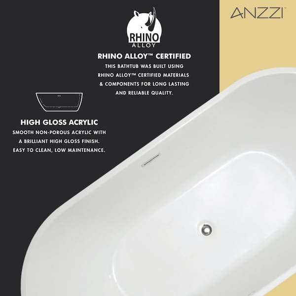 ANZZI - Chand Series 59 in. x 30 in. Flat Bottom Acrylic Freestanding Soaking Bathtub with Center Drain in Glossy White
