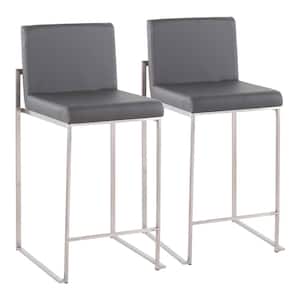 Fuji 35.5 in. Grey Faux Leather and Stainless Steel High Back Counter Height Bar Stool (Set of 2)