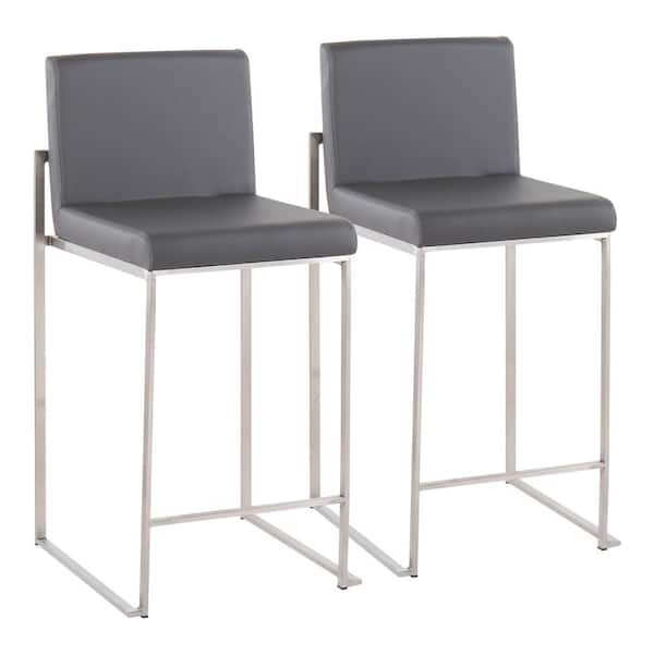 Lumisource Fuji 35.5 in. Grey Faux Leather and Stainless Steel High Back Counter Height Bar Stool (Set of 2)