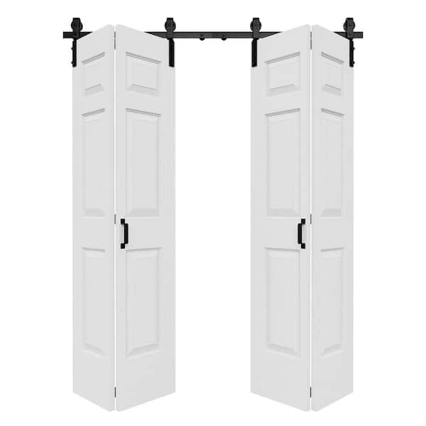 64 in. x 84 in. Paneled 6-Lite White Primed Hollow Core MDF Composite Bi-fold Door with Bifold Barn Door Hardware