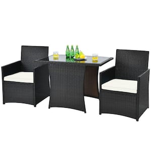 3-Piece Patio Rattan Wicker Outdoor Bistro Set Dining Table Set with White Cushions