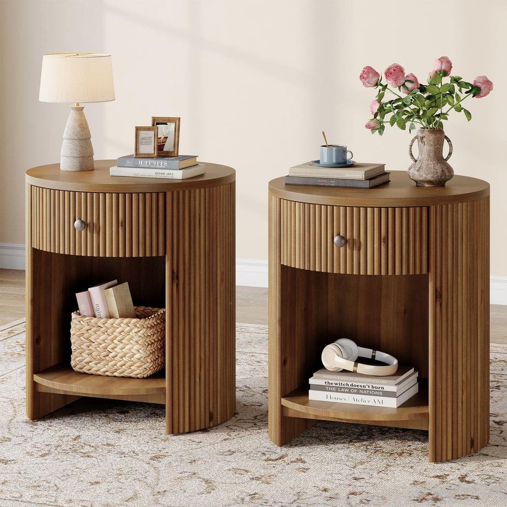 Round Walnut Brown 19.68 in. Wood End Table with Drawer, Nightstand with Storage, Side Table for Living Room, 2PCS