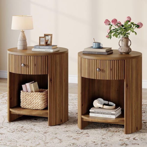 Round Walnut Brown 19.68 in. Wood End Table with Drawer, Nightstand with Storage, Side Table for Living Room, 2PCS
