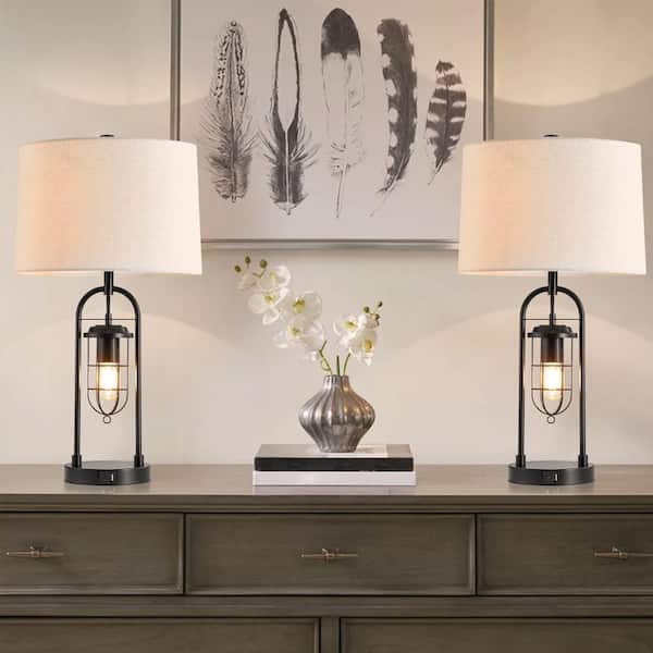 26 in. Industrial Blackened Bronze Table Lamp with USB Ports (Set of 2)