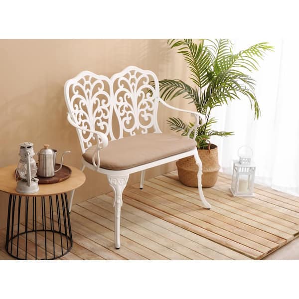 White 2-Person Cast Aluminum Outdoor Patio Garden Bench Park Bench with Beige Cushion for Porch, Park, Lawn, Yard