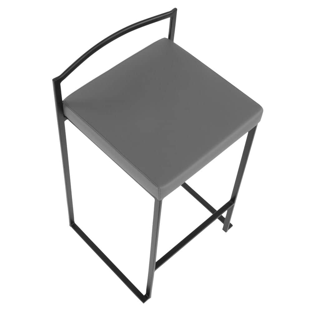 Black Metal and Wood Counter Stool with Grey Faux Leather Cushion