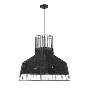 Pampas 30 in. W x 26 in. H 3-Light Matte Black Statement Pendant Light with Wicker Shade