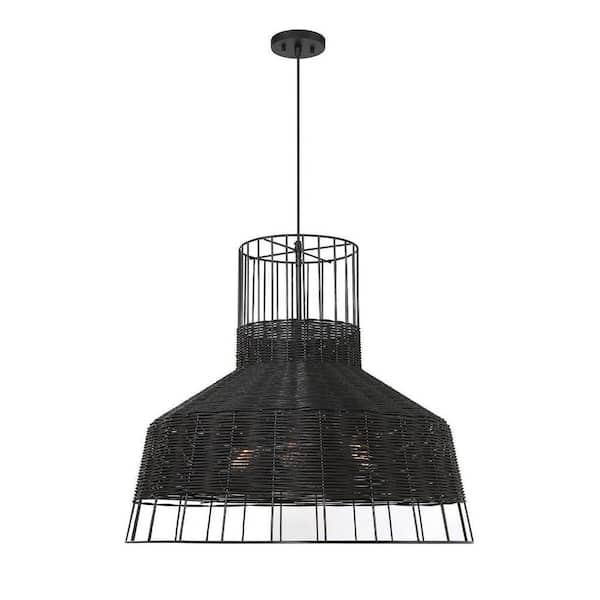 Savoy House Pampas 30 in. W x 26 in. H 3-Light Matte Black Statement Pendant Light with Wicker Shade