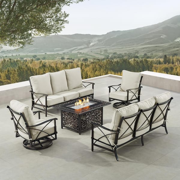 Oakland Living Black 5 Piece Aluminum Patio Fire Pit Table Set with 2 Sofas and 2 Club Chairs Light Grey Cushions