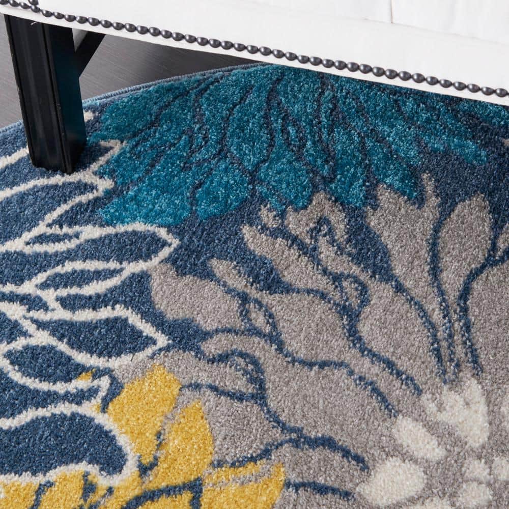 Blue and Yellow Floral Round Synthetic Area Rug, 5'3"
