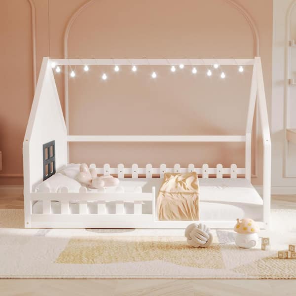 Guinevere White Full Size House Platform Bed, Kids Bed with LED Light, Shelves, Window, Fence