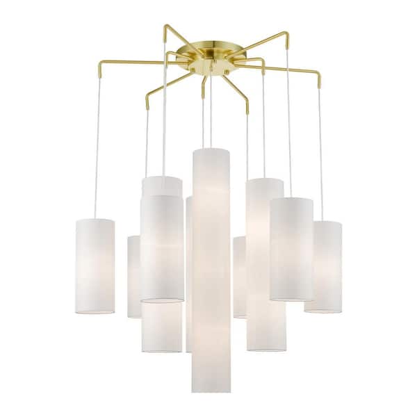 Crossbrooke 15-Light Satin Brass Extra Large Foyer Chandelier with Off-White Fabric Shades