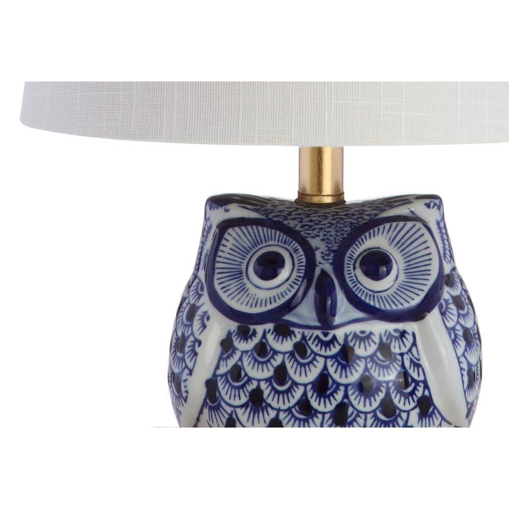 Justina Blue Ceramic Owl Table Lamp Set with White Shade