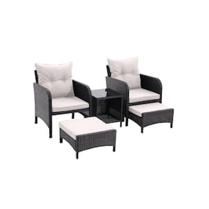 5-Piece Gray Wicker Patio Outdoor Conversation Set with Beige Cushions and 1 Coffee Table