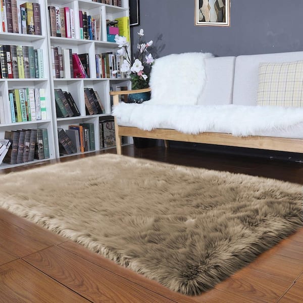 Sheepskin Faux Fur Beige 3 ft. x 5 ft. Cozy Fluffy Rugs Area Rug