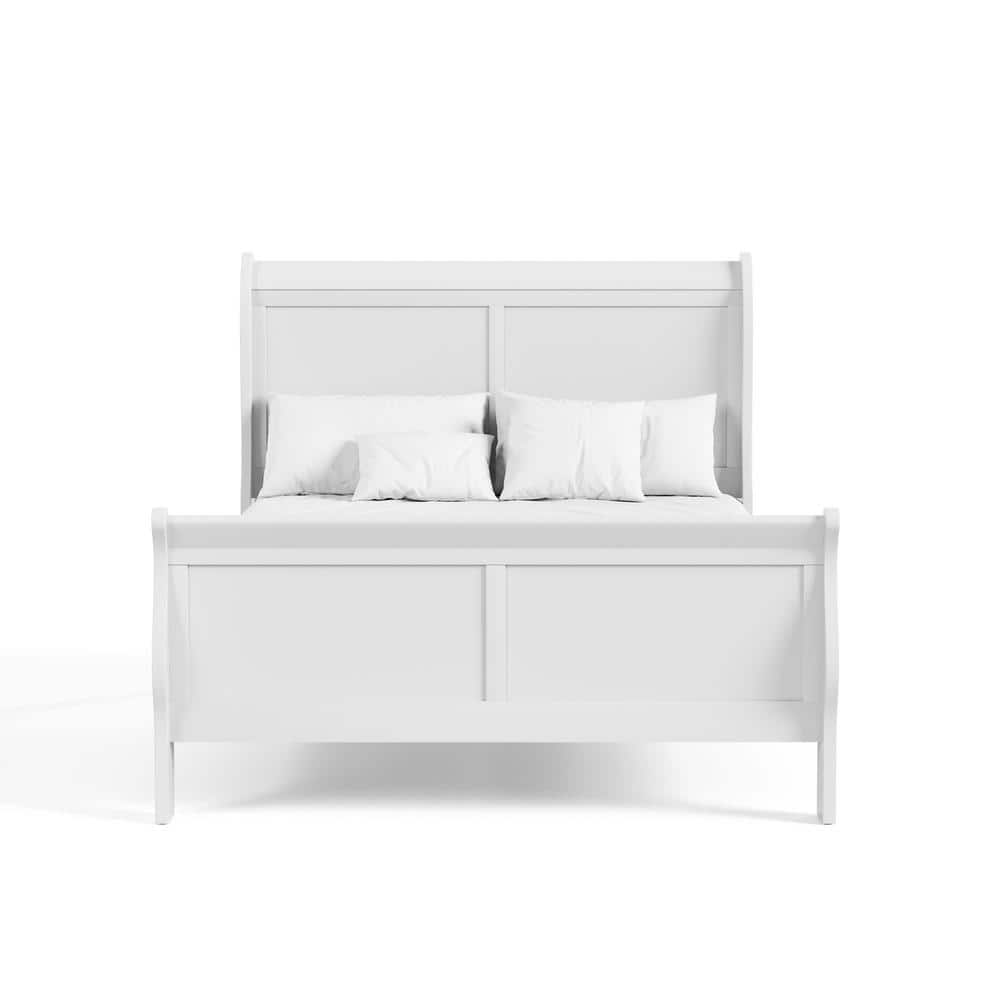 White Traditional Wood Sleigh Full Bed Frame with Headboard and Footboard