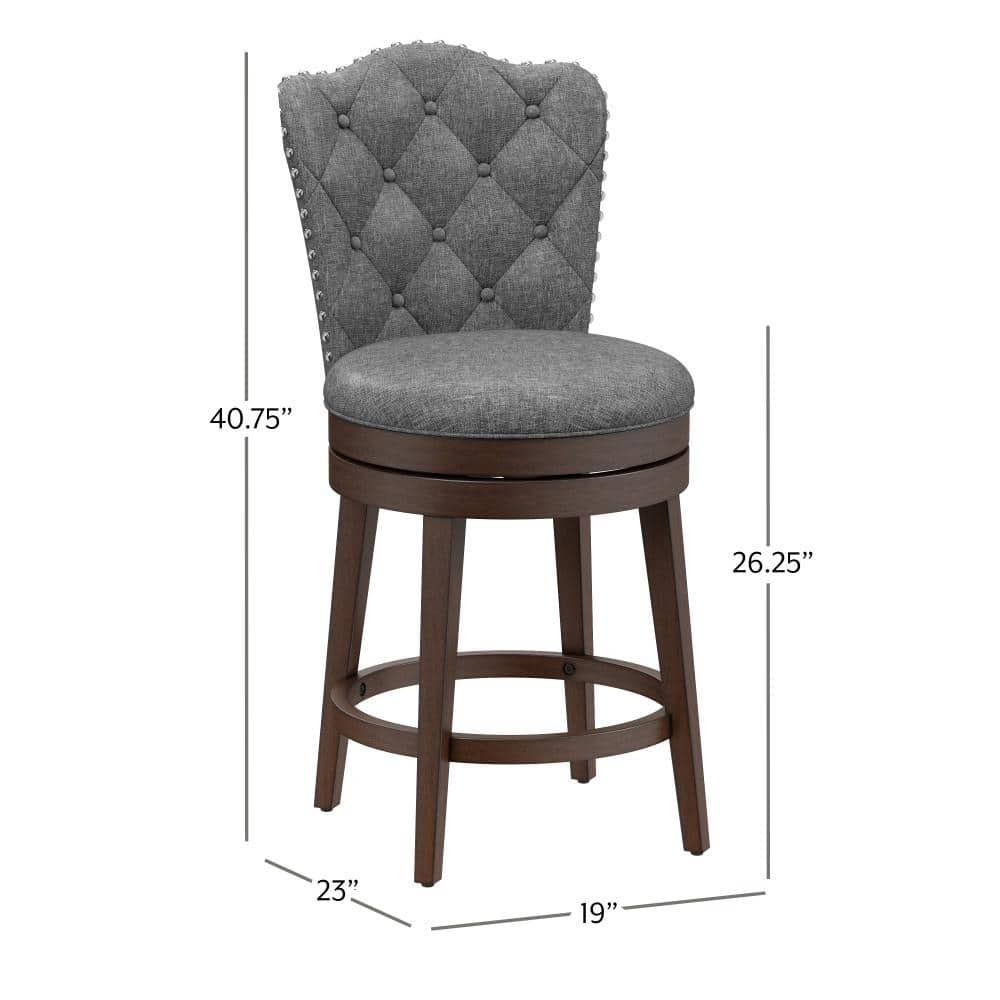 Gray Button-Tufted Wood Swivel Counter Stool