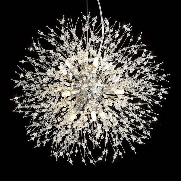 SILJOY 20 in. 9-Light Chrome Crystal Modern Chandelier Ceiling Pendant Lighting Starburst Chandeliers for Dining Room