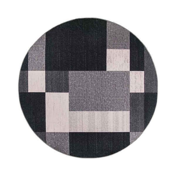 Geometric Boxes Design Non-Slip (Non-Skid) Gray 8 ft.  Round Indoor Area Rug