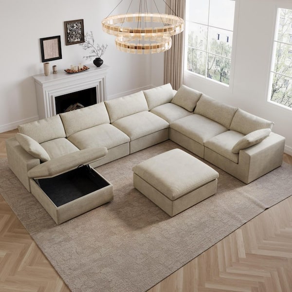 157.32. Square Arm Linen 8-Piece Free Combination Modular Sectional Sofa with 2 Storage Ottomans in. Brown
