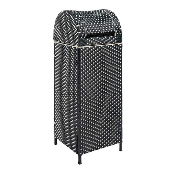happimess Ellison 31.39 Gal. All-Weather Wicker/Metal Swing Top Lid Hideaway Outdoor Trash Can, Dark Navy/White